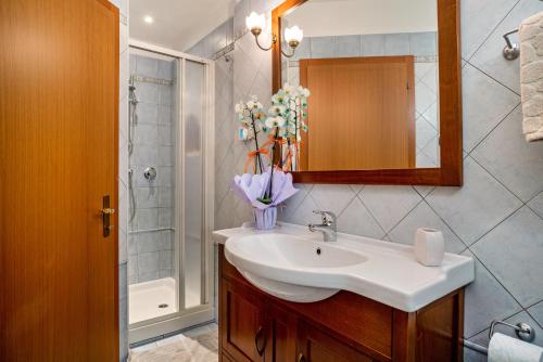 a bathroom with a sink and a vase of flowers at Emma Home in Mezzolombardo