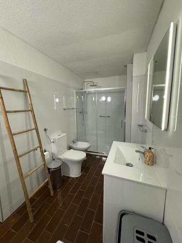 a bathroom with a toilet and a shower and a sink at Hanna's Sunny Apartment in Albufeira