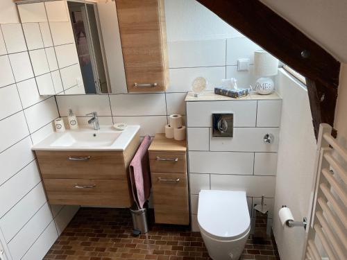 a small bathroom with a toilet and a sink at La Maison Neuve in Béganne