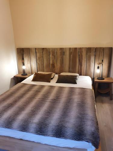 a bedroom with a large bed with a wooden headboard at Ô'wazo, Jolie Maison, Piscine in Lanton