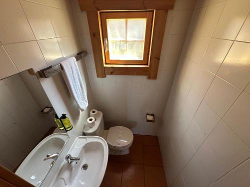 a small bathroom with a sink and a toilet at Chalet Belfort in Penhas da Saúde