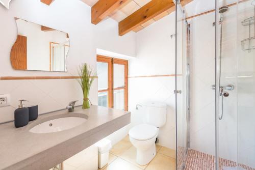 a bathroom with a toilet sink and a shower at Sa Fusteria in Sóller