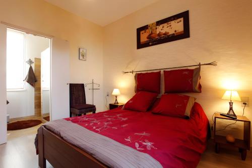 a bedroom with a large red bed with red pillows at La Chambre de Cécile in Albi