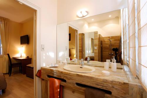 a bathroom with a sink and a large mirror at La Chambre de Cécile in Albi