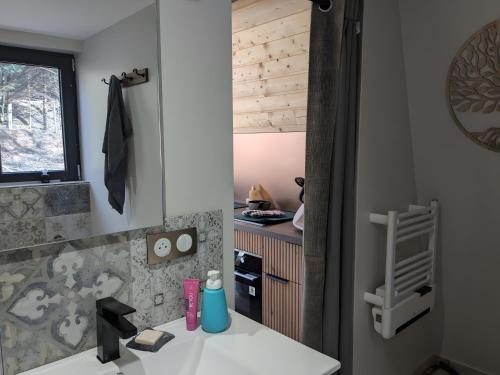 a bathroom with a sink and a mirror at Le petit Sabotier in Soucht