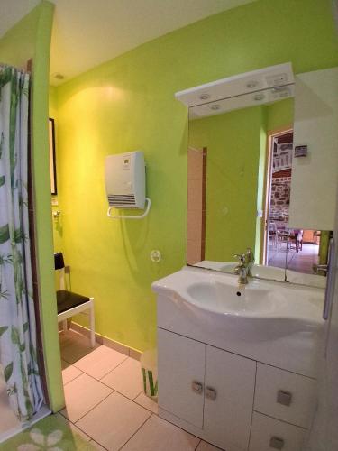 a bathroom with a sink and a mirror at Gîte De La Haie Bourgère in Moulay