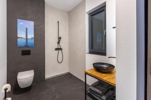 a bathroom with a shower and a toilet and a sink at Apartment Schlossterrassen 4a in Pouch