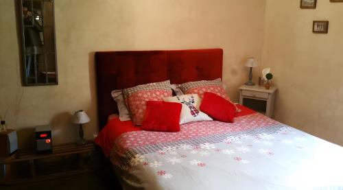 a bedroom with a bed with red pillows at Maison du Pâtre in Urbanya