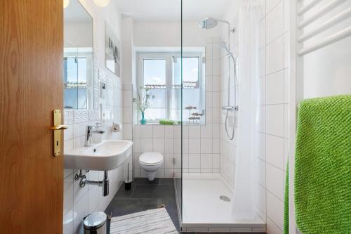 a bathroom with a sink and a toilet and a shower at Ferienwohnung Bachem mit Balkon in Bad Neuenahr-Ahrweiler
