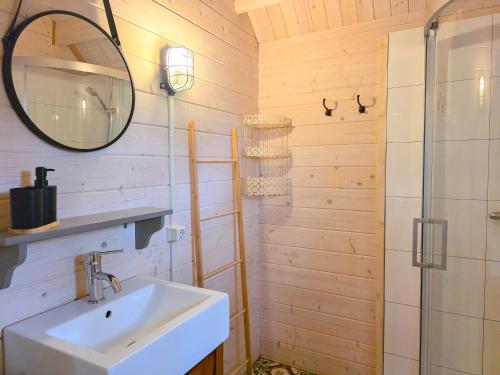 a bathroom with a sink and a mirror at Vakantiewoning Moerweie GR04 in Grijpskerke