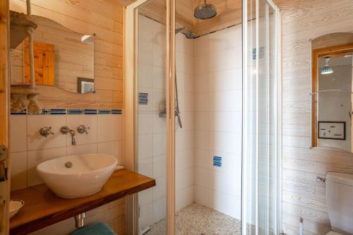 a bathroom with a sink and a shower at Isatis in Mortagne-sur-Gironde