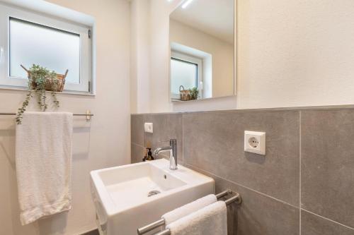 a bathroom with a sink and a mirror at Fewo Parkside S2 - 8Min Legoland in Günzburg