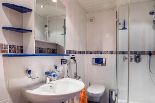 a bathroom with a sink and a shower and a toilet at Elkes Ferienappartment in Eschenrod
