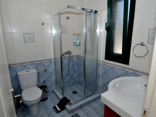 a bathroom with a shower and a toilet and a sink at Sami Beach Villas Thalia in Sami