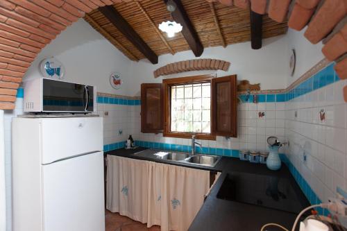 a kitchen with a white refrigerator and a sink at Sa Domedda in Orosei