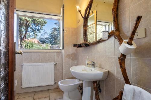 a bathroom with a sink and a toilet and a window at Volpe in Pitigliano