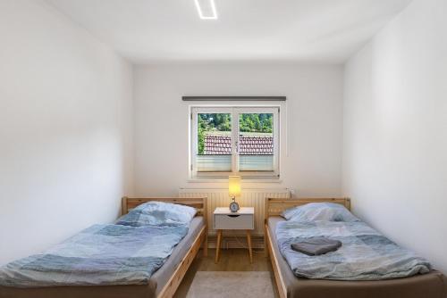 two beds in a room with a window at Ferienwohnung Kleinbreitenbach 2 in Plaue