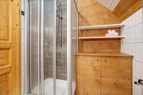 a shower in a bathroom with a wooden wall at Haus Schlageter in Dachsberg im Schwarzwald