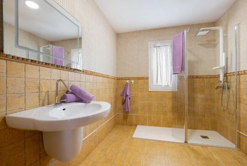 a bathroom with a sink and a shower at Mayantigo in Juan Gopar