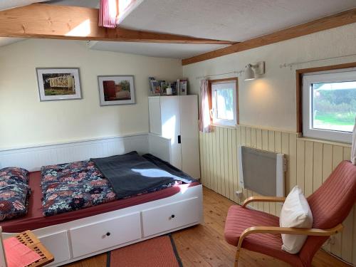 a bedroom with a bed and a chair in it at Traumwagen an der Mühle in Thalingburen