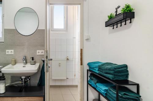a bathroom with a sink and a mirror at Mäxle's Loft Winzeln in Winzeln