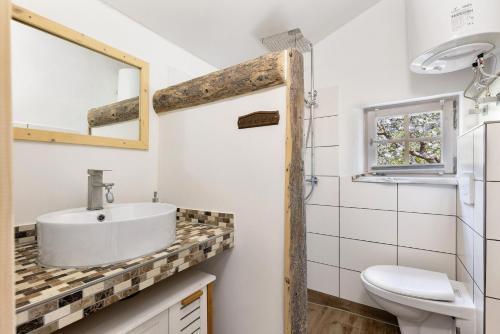 a bathroom with a sink and a toilet at Blockhütte in Fürstenwalde
