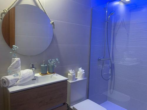 a bathroom with a shower and a sink and a mirror at El Cortijo in La Oliva