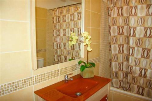 a bathroom with a red sink and a mirror at Fernandes Apartment in Carvoeiro