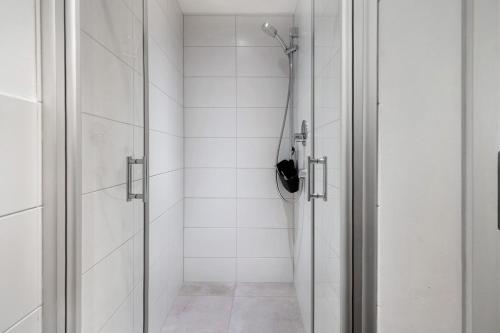 a shower with a glass door in a bathroom at Adlernest mit Weinbergblick in Trittenheim