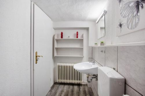 a white bathroom with a sink and a mirror at Gästehaus Roth in Willingen