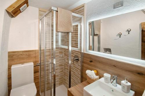 a bathroom with a toilet and a sink and a mirror at Sweet Somma Mountain Lodge 1 in San Guglielmo