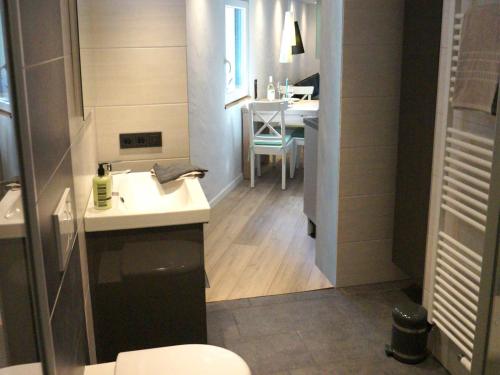 a bathroom with a sink and a toilet and a table at Fewo Meisennest, 50 Qm in Saalhausen