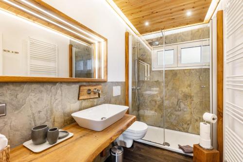 a bathroom with a sink and a shower at Chalet Am Scheidt in Medebach