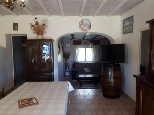 a living room with a television and a couch at Maison De Campagne in Barbaste