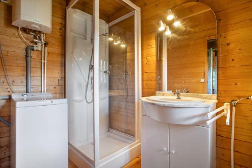 a bathroom with a white sink and a shower at Blockbohlen-Haus auf Hof Verchen in Verchen