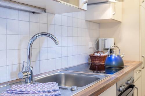 a kitchen sink with a blue tea kettle on it at Sabina Dolomites Compatsch in Alpe di Siusi