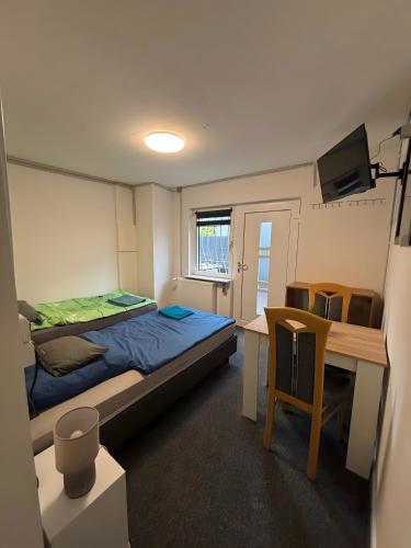 a bedroom with a bed and a desk with a computer at Menzel Appartment W1 in Beckingen