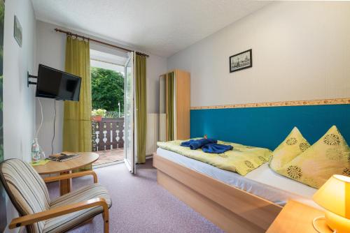 a hotel room with a bed and a desk and a tv at Gruppenferienhaus Dressel in Warmensteinach