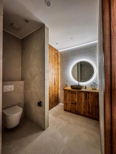 a bathroom with a toilet and a sink and a mirror at Amber loft 12 Rusnė in Rusnė
