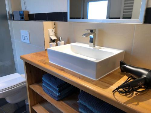 a bathroom with a white sink and a toilet at Waldmomente in Schauren