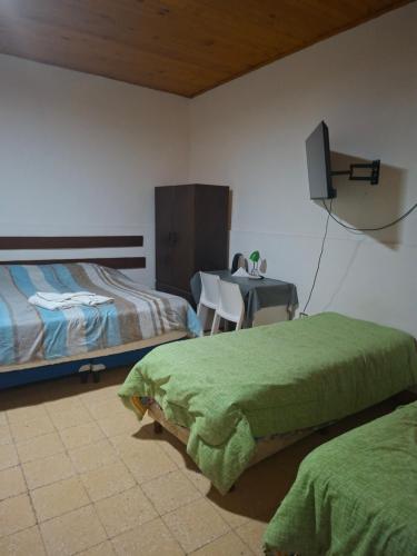 a bedroom with two beds and a table and a tv at Hostal AMALAYA in Salta