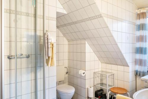 a bathroom with a shower and a toilet at Heidis Fewo in Hohenkirchen