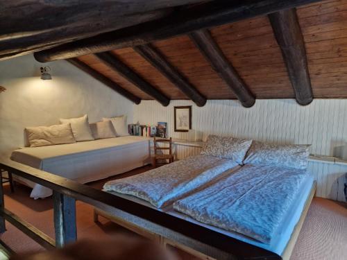 a bedroom with two beds in a room with wooden ceilings at Casa Piccola in Falmenta