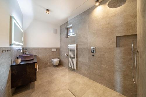 a bathroom with a shower and a toilet and a sink at Paflur Lodges Abendrot in Lasa