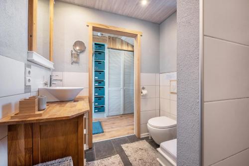 a bathroom with a sink and a toilet at Ferien mit Hund Blomberg Ostfriesl in Blomberg