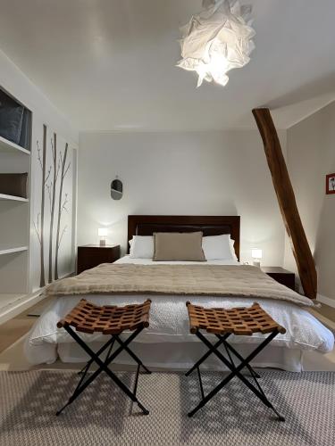 a bedroom with a large bed and a chandelier at Chambre d'hôtes - Els Pomers in Soubrebost