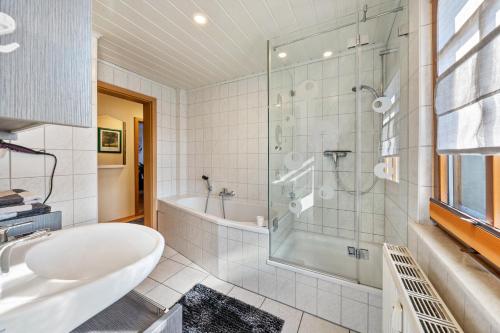 a bathroom with a tub and a sink and a shower at Pillnitzer Schlossblick in Dresden