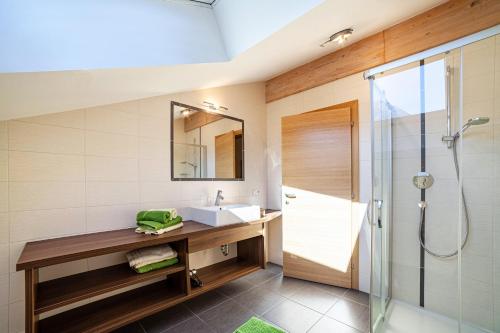 a bathroom with a sink and a shower at Ferienwohnung Edelweiss in Pfelders