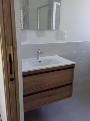un bagno con lavandino e specchio di Gite Ranch a Tirepied
