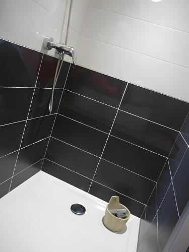a bathroom with a shower with black tiles at Maison Ô'5 Avec Terrasse in Lanton
